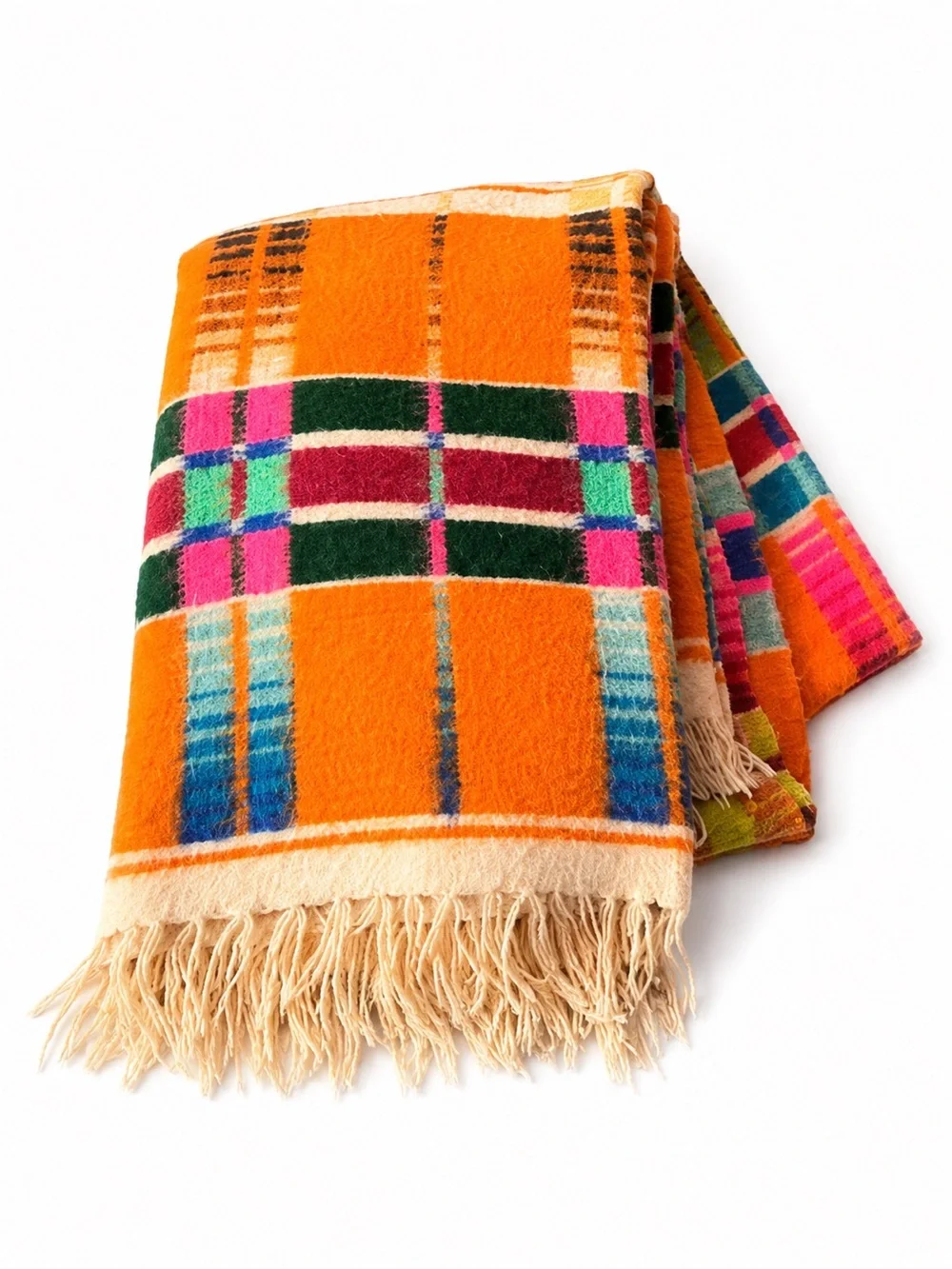 Vintage Wool Fringe Plaid Blanket large throw 62x90” bright neon heavy